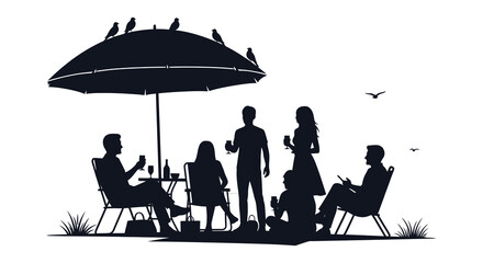 People socializing under a parasol with birds a striking silhouette © MIRAJ02