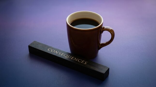 A brown coffee mug filled with dark liquid sits beside a black bar inscribed with the word "CONSEQUENCES"
