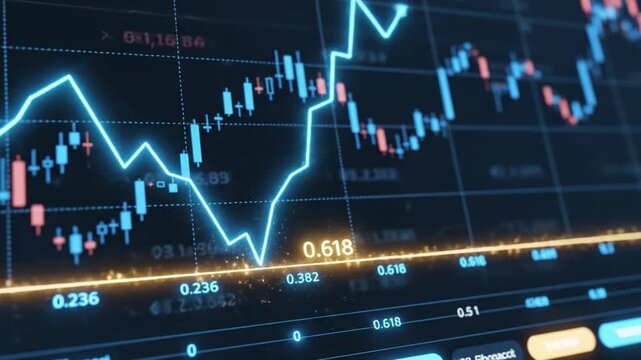 Stock market chart financial graph blue line digital screen data analysis investment trading economic growth technology glowing effect modern finance candlestick Fibonacci retracement risk statistics