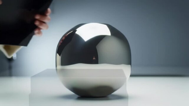 Well-manicured hands unbox a matte black box, revealing a polished geometric metal sculpture in a clean white studio, high-end product launch concept