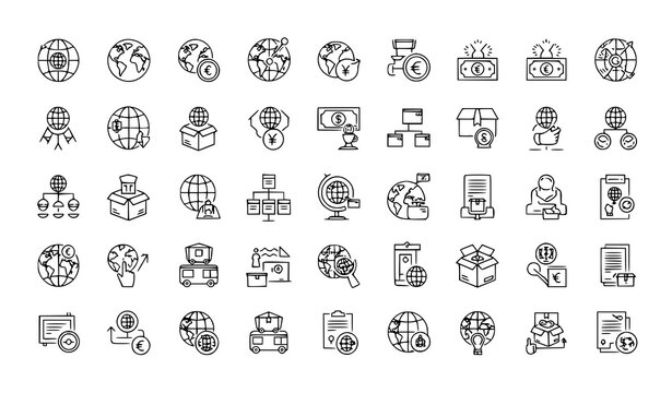 A collection of black and white line art icons depicting global business and logistics