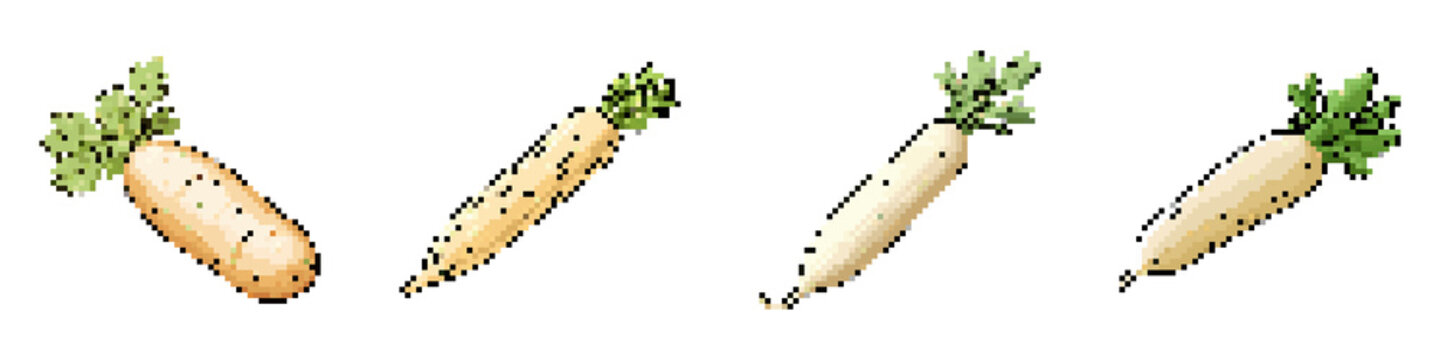 Daikon pixel icon set. retro, pixelated 2d graphics for games and apps