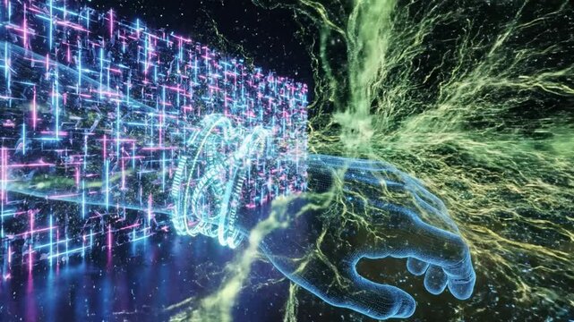Futuristic digital technology virtual hand with neon glowing cyberspace abstract network, holographic bracelet innovation, and sci fi blue pink grid wall, modern wearable gadget, illuminated energy