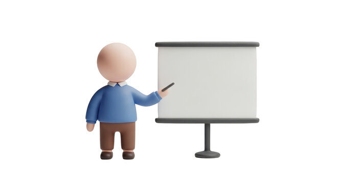 3d cartoon man presenting on a blank whiteboard with a marker in hand isolated on transparent background