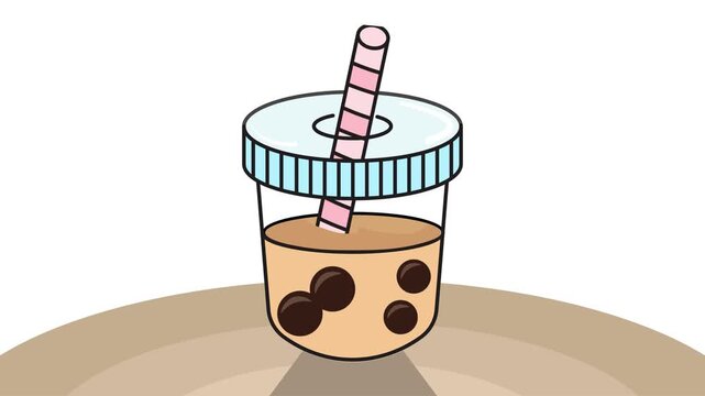 4k animation footage llustration of bubble tea with tapioca pearls in a plastic cup.Taiwanese tea-based drink with chewy tapioca ball which also known as pearls, or bobals.