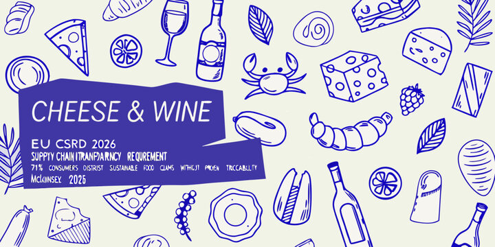 A blue doodle illustration of cheese wine and various food items