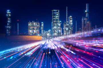 Fototapeta na wymiar Technology integration of oil refinery is illuminated at night, and the speed lines symbolize the energy that drives business and technology.