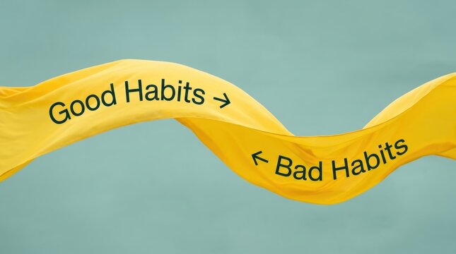 Yellow fabric with text 'Good Habits' and 'Bad Habits' pointing in opposite directions, symbolizing life choices.