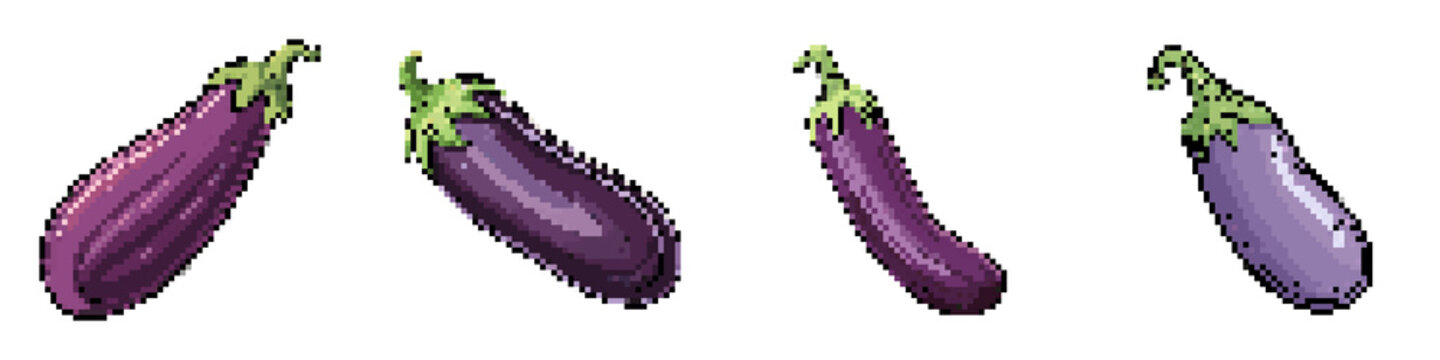 Eggplant pixel icon set. retro, pixelated 2d graphics for games and apps