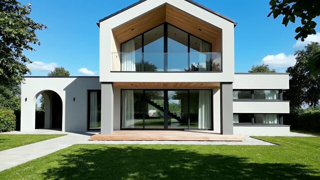 Modern contemporary house with green lawn on a sunny day