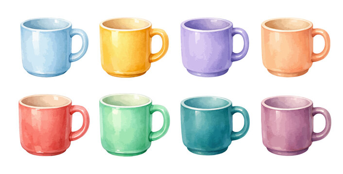 A beautiful collection of watercolor ceramic mug clip art featuring pastel coffee cups in assorted colorful glazed designs.