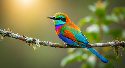 Fototapeta premium A vibrant multi-colored bird perched on a mossy branch in a sunlit forest setting.