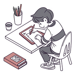 A boy sitting at a desk drawing on a tablet