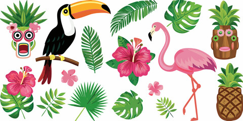 Fototapeta premium Tropical birds flowers and foliage in a colorful illustration