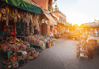 Colorful Spice Market at Sunset in Marrakech Souk, Morocco