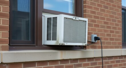 Fototapeta premium Window Air Conditioner Unit Installed in Brick Building.