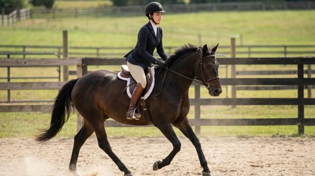 Rider and dark horse trot outdoors. Focused concentration and equestrian elegance in motion.