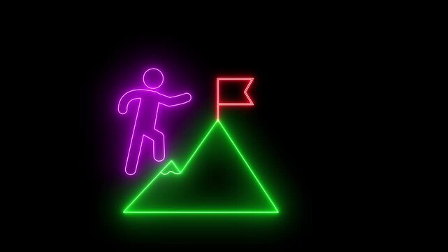 Glowing neon line of man conquering mountain peak icon isolated on transparent background. Business concept of victory, success, goal achiever, win, best worker, top employee and leadership.balck back