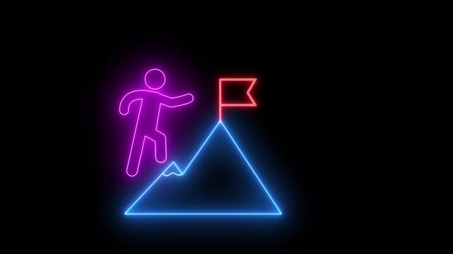 Glowing neon line of man conquering mountain peak icon isolated on transparent background. Business concept of victory, success, goal achiever, win, best worker, top employee and leadership.balck back