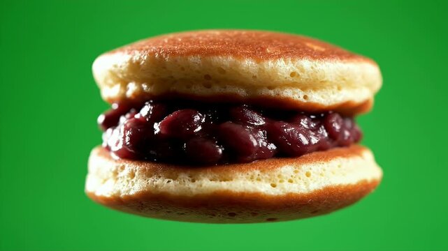 Close Up Macro Shot of a Delicious Dorayaki Pancake Filled with Sweet Red Bean Paste Isolated on a Vibrant Green Background Food Commercial Footage