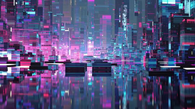 3D futuristic holographic cityscape breaking apart into geometric fragments, buildings flickering glitch effects, neon edges glowing pink blue, digital scanlines, floating holographic UI elements