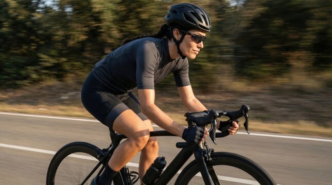 Woman cycling fast on rural road. Focus on fitness and exhilarating outdoor training.