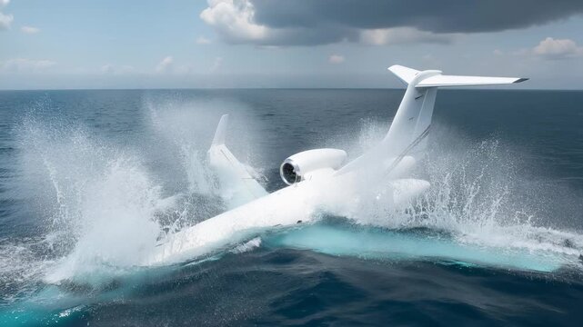 Private business jet sinking into the ocean water after crash landing or emergency water ditching, aviation accident concept.