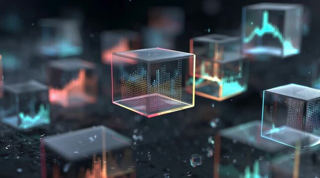 Floating semi-transparent cubes neon edges animated data patterns charts on surfaces, slow 3D rotation, elegant motion graphics, futuristic technology background, corporate professional style, minimal