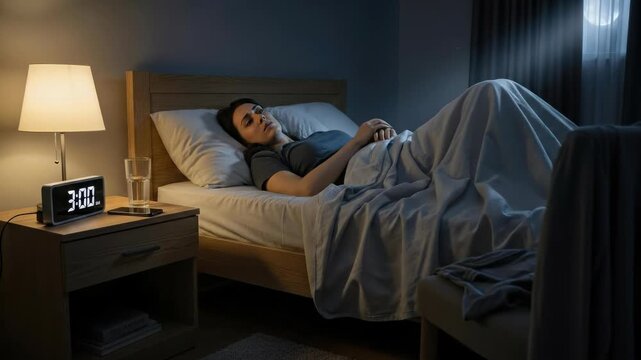 An individual experiencing profound insomnia, wakefulness, mental exhaustion, struggling with restless sleep disturbance, nocturnal unrest in a dark bedroom, clock shows 3:00 AM
