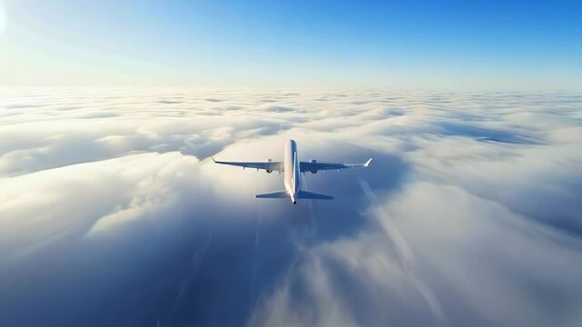 passenger airplane flying above clouds in clear daylight, smooth aerial travel scene with soft cloud layers and blue sky, commercial aviation journey, freedom and global connection concept