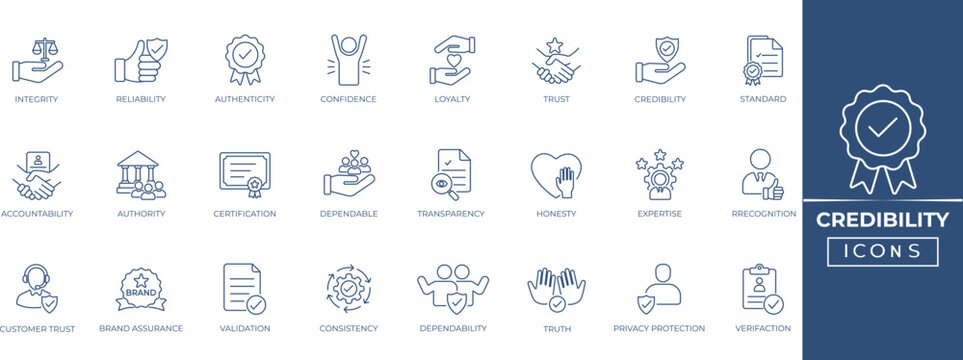 Credibility trust line icon set for quality assurance, brand reliability, compliance, security verification, and customer satisfaction. Vector outline icon collection.