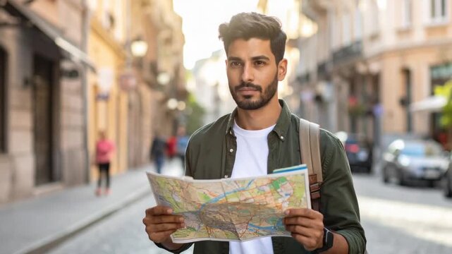 Young Man Tourist Navigating City Street with Map Looking for Directions