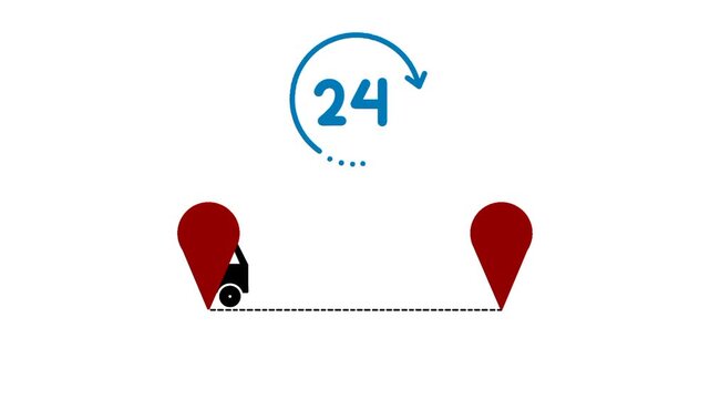 Same day delivery icon with moving truck between location symbol and looping 24 hour circle representing continuous service