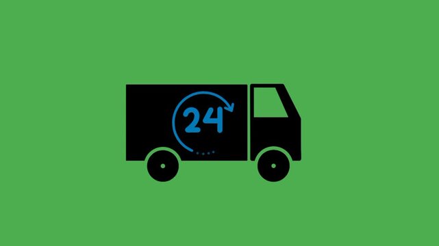 Same day delivery icon with shipping truck and 24 hour symbol isolated on green background for animation use
