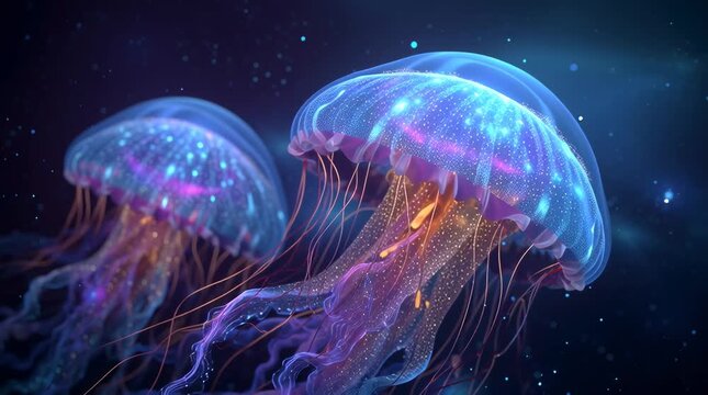 4K seamless loop, enormous bioluminescent jellyfish floating deep space among stars nebulae, pulsating neon tentacles glowing light, surreal cosmic ambiance, hypnotic meditative motion, dynamic light