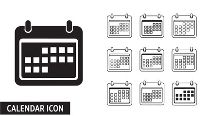 Calendar icons set featuring a solid black desktop calendar and several line art variations of monthly calendars for planning and scheduling. © TAIFUR