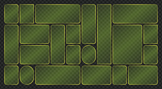 Set of yellow neon glowing glass frames and futuristic UI elements.