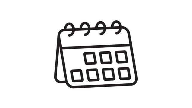 Calendar icon with black outline representing days and spiral binding for pages, standing on a base.
