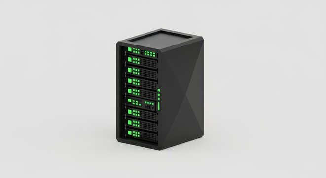 Modern black server tower with green lights on neutral background
