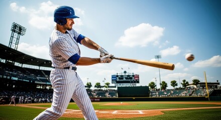 Obraz premium Baseball player swinging bat at stadium on sunny day