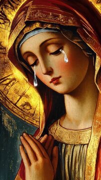 Blessed Virgin Mary weeping, profound sorrow and sincere devotion, hands clasped in prayer, sacred mother figure, golden halo, timeless classical religious painting