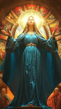 Blessed Mary, divine feminine figure, radiating grace, engaged in spiritual prayer, illuminated by golden halo, set against vibrant stained glass window, symbol of hope and devotion
