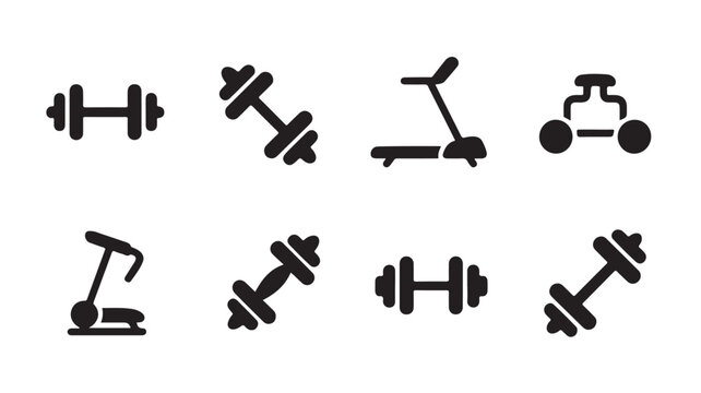 Black icons of dumbbells and exercise bikes on white background for fitness and workout concepts