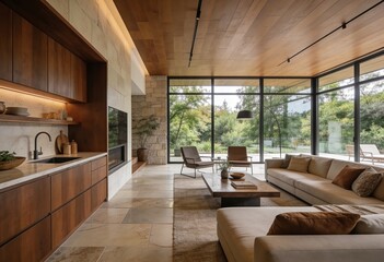 Fototapeta premium Modern living room interior blending nature with minimalist design
