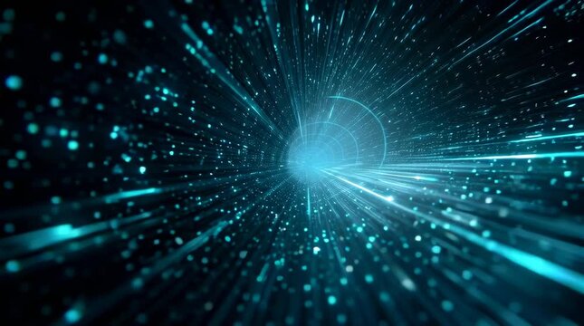 Endless tunnel translucent holographic data streams, glowing binary codes geometric shapes flowing forward, 3D digital light particles, slow motion depth perspective, high-tech neon blue cyan glow