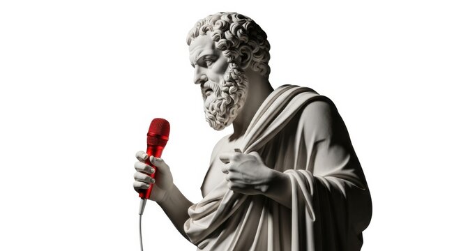 Ancient Greek Philosopher Statue Holding Red Microphone on White Background for Podcasting and Thought Leadership