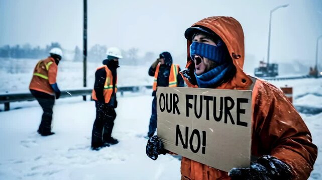 protesters stand in heavy snowfall holding sign about future, people in winter clothing demonstrate during extreme cold, social unrest, climate concern, harsh weather conditions and public resistance