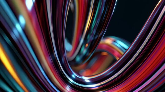 3D render, flowing neon plasma ribbons twisting morphing infinite kaleidoscopic patterns, reflective liquid-metal textures, seamless loop, high contrast neon gradients motion blur, dark background max