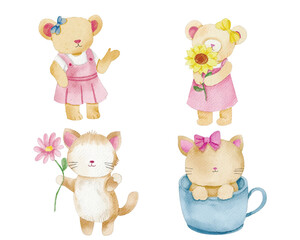 Obraz premium Cute Cat and Bear Watercolor Cartoon