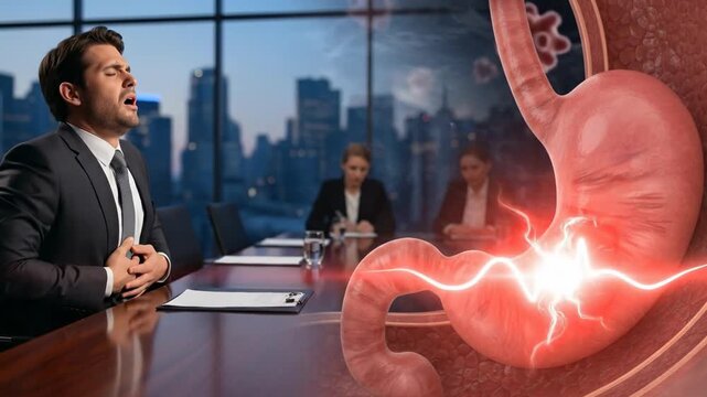 Business professional experiencing stomach pain, heartburn, and digestive discomfort, symbolizing gastritis, ulcers, and acid reflux within the office environment